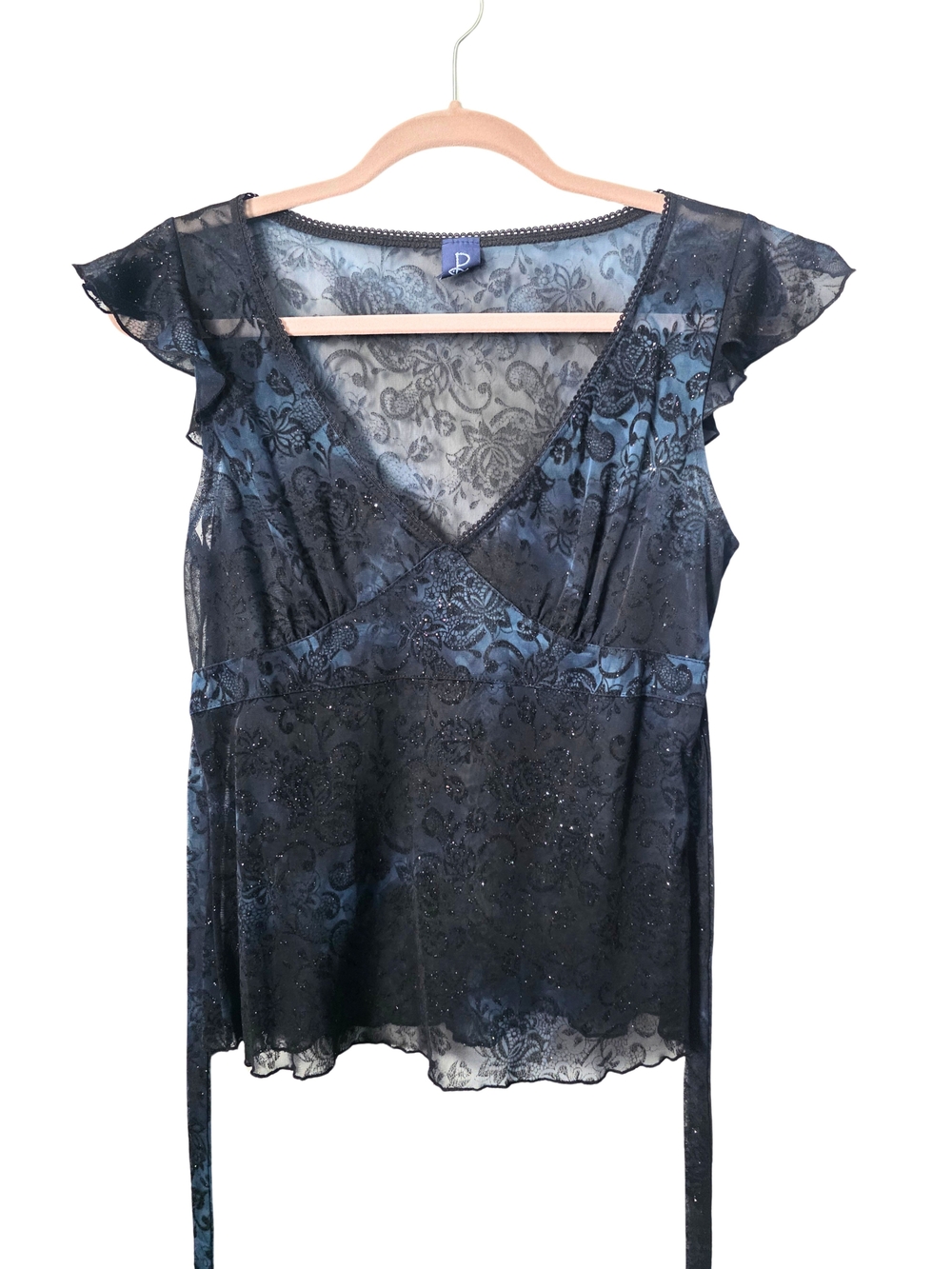 Y2K Whimsigoth Sheer Lace Flutter Sleeve Top – Romantic Goth Fairy Grunge
